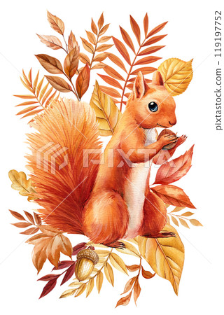 Watercolor autumn squirrel illustration: Fluffy orange squirrel with fall leaves in a cozy autumn scene animal isolated 119197752
