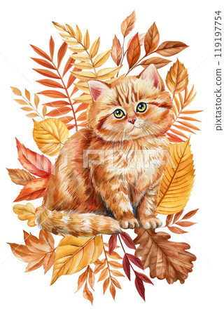 watercolor ginger cat with autumn colorful leaves. Hand-painted fluffy cat in vibrant fall foliage isolated background watercolor ginger cat with autumn colorful leaves. Hand-painted fluffy cat in vibrant fall foliage isolated background 119197754