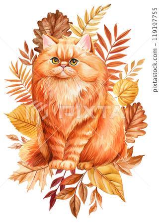 Autumn cat portrait watercolor illustration. Fluffy ginger cat with colorful fall leaves isolated background. Design art 119197755