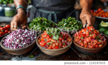 A person making fresh salsa with traditional tools. 119197835