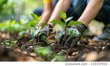 Volunteers planting trees in a community park. Volunteers planting trees in a community park. 119197918