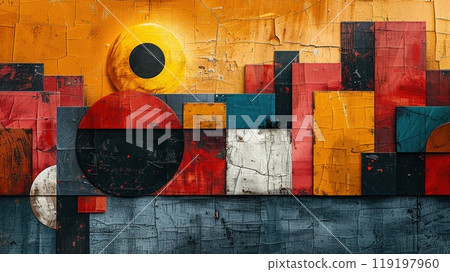 A collage art piece featuring abstract designs and textures 119197960