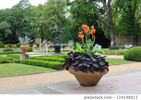 Elegant Fountain and Floral Arrangements in Prague's Royal Garden 119198021