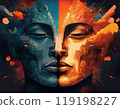 Human face profile demonstrating cognitive psychology or psychotherapy concept, mental health, brain problem, and bipolar personality disorder 119198227