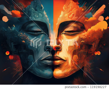 Human face profile demonstrating cognitive psychology or psychotherapy concept, mental health, brain problem, and bipolar personality disorder 119198227