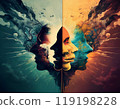 Human face profile demonstrating cognitive psychology or psychotherapy concept, mental health, brain problem, and bipolar personality disorder 119198228
