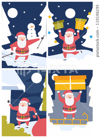 Set of merry christmas and happy new year postcard, greeting card or invitation card . Flat santa claus cartoon character design . Set 3 of 4 . Vector . Set of merry christmas and happy new year postcard, greeting card or invitation card . Flat santa claus cartoon character design . Set 3 of 4 . Vector . 119198295