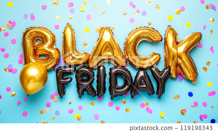 Golden and black metallic balloons spell "Black Friday" against a vibrant blue backdrop Golden and black metallic balloons spell "Black Friday" against a vibrant blue backdrop 119198343