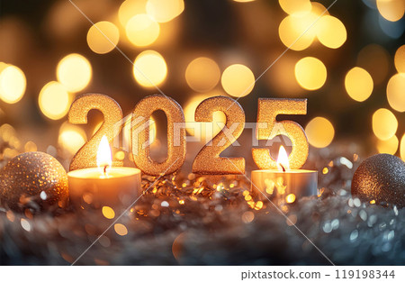 Celebrate the magic of 2025 with this sparkling scene, featuring glowing candles Celebrate the magic of 2025 with this sparkling scene, featuring glowing candles 119198344