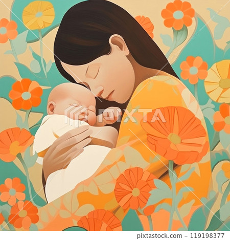 A touching digital illustration showcasing a tender moment between a mother and her newborn baby 119198377