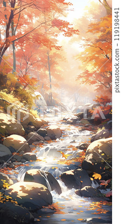 Autumn leaves and stream background AI image Autumn leaves and stream background AI image 119198441