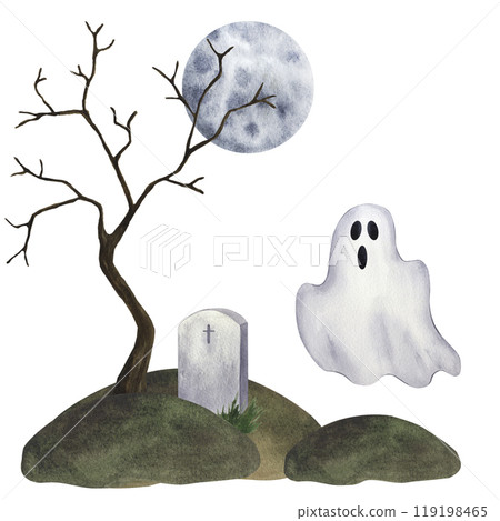 Halloween stage clipart. Ghost, cemetery, grave, dry tree on hill under full moon. Horror concept of spooky graveyard with tombstone. Hand drawn watercolor illustration isolated on white background. 119198465