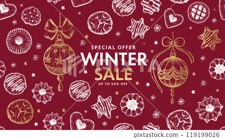 Winter sale, Christmas Cookie and ball set on red, Hand drawn illustration.	 119199026