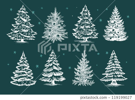 Christmas tree set on green, hand drawn illustration	 119199027
