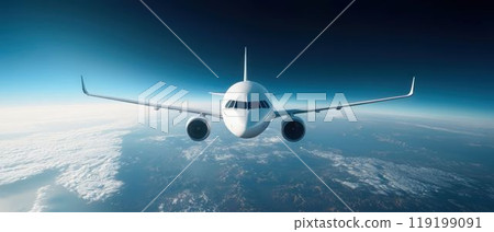 Airplane Flying Above Clouds with a View of the Earth 119199091