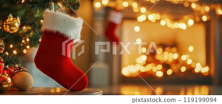 Christmas Stocking Hanging by the Fireplace. Generative ai Christmas Stocking Hanging by the Fireplace. Generative ai 119199094