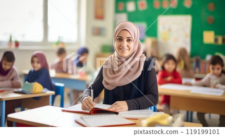 Muslim Female Teacher Smiling in Classroom Setting. Generative ai 119199101