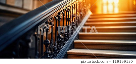 Ornate Staircase with Decorative Iron Railings 119199150