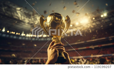 Triumph at the Stadium: Champion Holding Trophy Aloft. Generative ai Triumph at the Stadium: Champion Holding Trophy Aloft. Generative ai 119199207