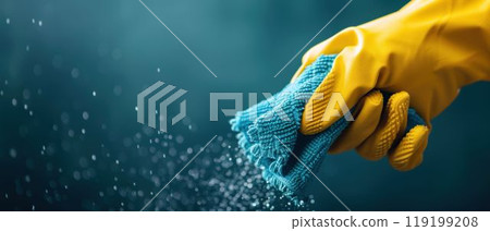 Hand in Yellow Glove Cleaning with Blue Cloth. Generative ai. Hand in Yellow Glove Cleaning with Blue Cloth. Generative ai. 119199208