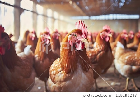 Group of Chickens Roaming Indoors in Farm Yard. Generative ai 119199288