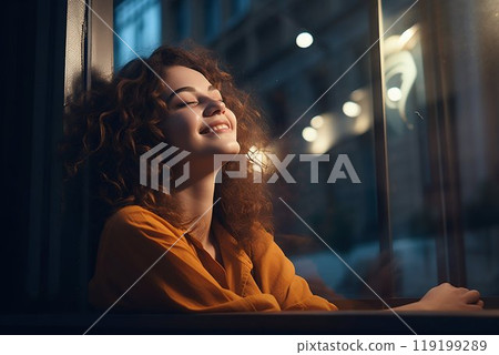 Smiling Woman Enjoying a Peaceful Moment by the Window. Generative ai 119199289