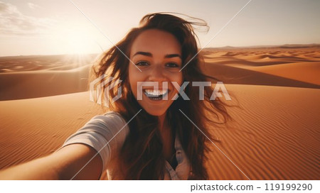 Joyful Female Tourist Capturing Selfie in Sahara Desert Dunes. Generative ai 119199290