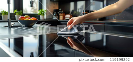 Hand Cleaning Kitchen Counter with Cloth. Generative ai. 119199292