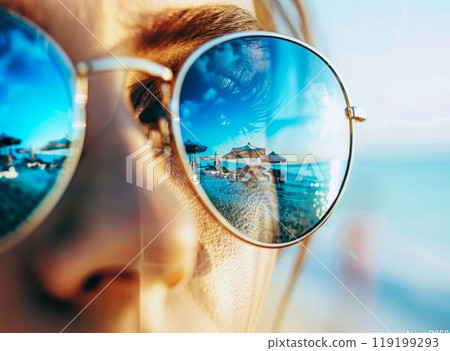 Summer Vibes Captured in Sunglasses Reflection. Generative ai 119199293