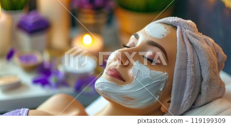 Woman Receiving a Relaxing Facial Treatment at a Spa. Generative ai 119199309