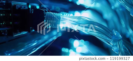 Glowing Fiber Optic Cables in Network Server. Generative ai 119199327