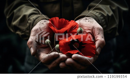 Soldier's Hands Holding a Red Poppy for Remembrance Day. Generative ai 119199354