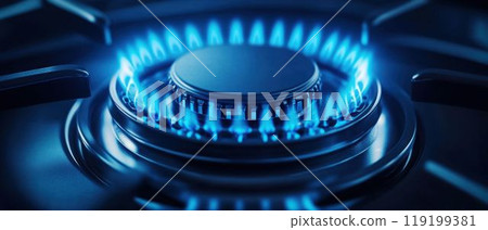 Blue Gas Flame on a Stove Burner in Close-up 119199381