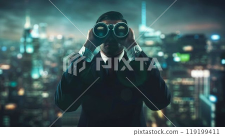 Businessman Searching Opportunities with Binoculars Overlooking Cityscape. Generative ai 119199411