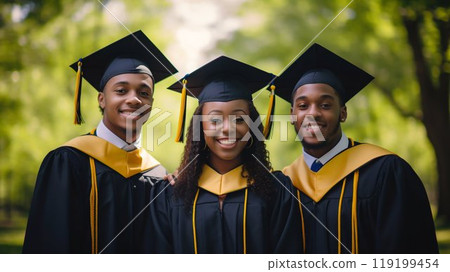 Smiling African American Graduates in Cap and Gown Outdoors. Generative ai 119199454