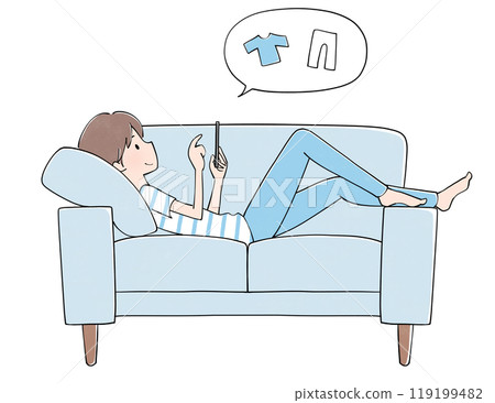 Shopping: A man relaxing on a sofa while looking at his mobile phone 119199482