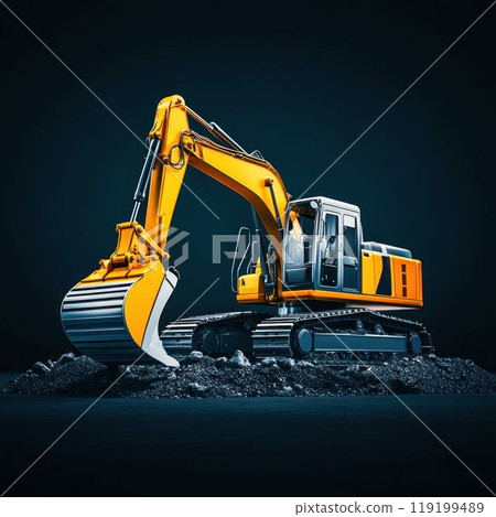 Large Yellow Excavator on a Pile of Rocks 119199489