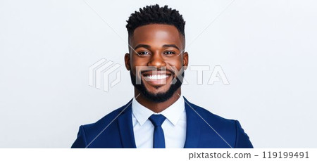Smiling African American Businessman in Blue Suit Isolated on Light Background 119199491