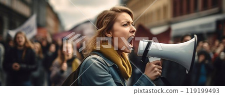 Voice of Change: Fiery Female Activist Advocates Amidst Protesters. Generative ai Voice of Change: Fiery Female Activist Advocates Amidst Protesters. Generative ai 119199493
