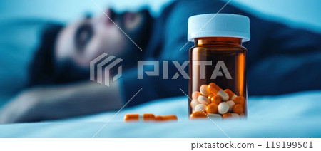 Spilled Bottle of Pills Near Sleeping Man on Bed 119199501