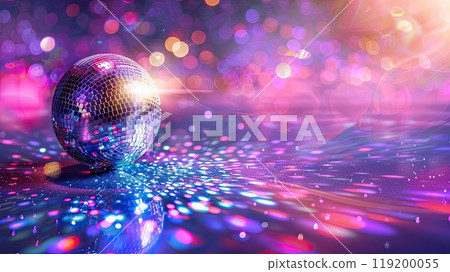 Shiny disco ball with lights on shiny glowing abstract background, with copy space Shiny disco ball with lights on shiny glowing abstract background, with copy space 119200055