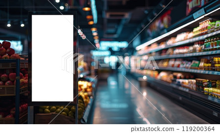 A white Billboards for advertisement is in a supermarket 119200364