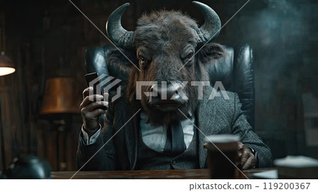 A businessman bull holding a smartphone while looking at the camera. Smart bull uses phone to surf the internet. 119200367