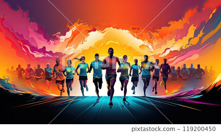Advertising of marathon poster illustrated with a group of runners in various dynamic poses Advertising of marathon poster illustrated with a group of runners in various dynamic poses 119200450