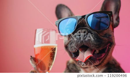 French bulldog wearing iridescent sunglasses and holding a glass of champagne. Celebrating or happy birthday concept. French bulldog wearing iridescent sunglasses and holding a glass of champagne. Celebrating or happy birthday concept. 119200496