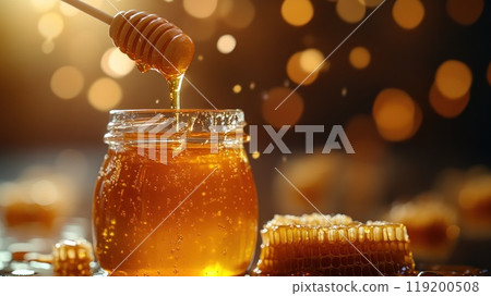 A jar of organic honey with the lid slightly ajar and a honeycomb resting beside the jar 119200508