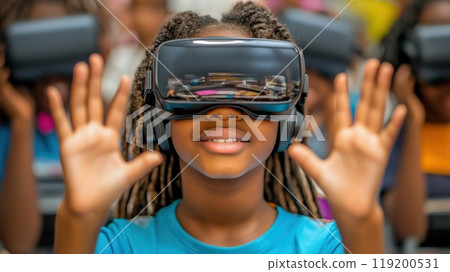 Interactive school concept of kids wearing VR virtual reality glasses. E-learning, education and learning concept. 119200531