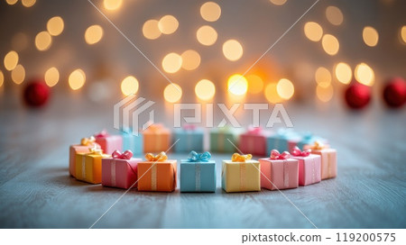 A colorful array of small boxes are arranged in a circle on a wooden floor 119200575