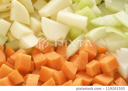 切胡蘿蔔、洋蔥、馬鈴薯和綠花椰菜等蔬菜 119201505
