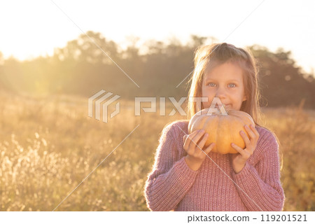 A girl is holding a pumpkin in a field, backlight 119201521